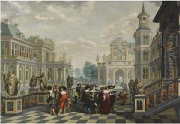 An Elaborate Palace Courtyard
With Elegant Company Proceedingtowards A Great Staircase, With Four
Sculpted Philosophers Onpedestals Behind Them - view 1