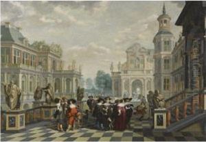 An Elaborate Palace Courtyard
With Elegant Company Proceedingtowards A Great Staircase, With Four
Sculpted Philosophers Onpedestals Behind Them by Dirck Van Delen