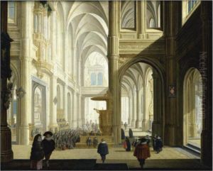 The Interior Of A Gothic Cathedral by Dirck Van Delen