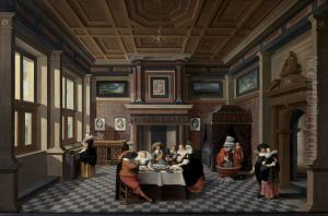 An Interior With Ladies And Gentlemen Dining by Dirck Van Delen