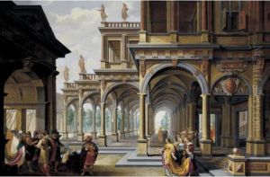An Elaborate Architectural Capriccio With Jephthah And His Daughter by Dirck Van Delen