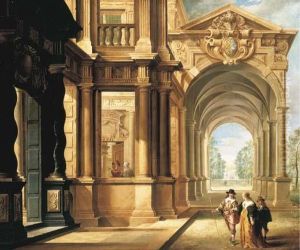 A Fantastical Palace With An Elegant Couple Walking In Front Of Aportico by Dirck Van Delen