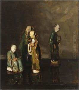 A Still Life With Chinese Porcelain Figures by Ans Van Den Berg