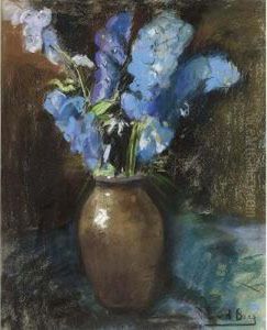 Blue And Purple Flowers In A Vase by Ans Van Den Berg