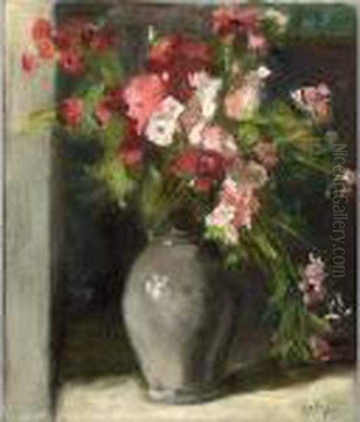 Pink Flowers In A Grey Vase - view 1