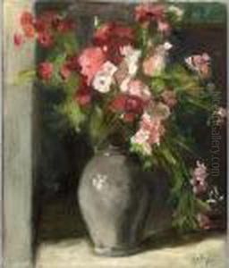 Pink Flowers In A Grey Vase by Ans Van Den Berg