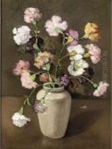An Earthenware Vase With Carnations by Ans Van Den Berg