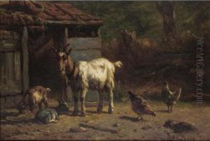 Goats And Chickens In A Yard by Simon Van Den Berg
