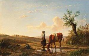 Cowherdess In A Summer Landscape by Simon Van Den Berg