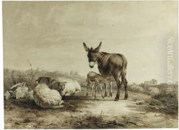 A Donkey With A Foal And Sheep Resting In A Hilly Landscape - view 1