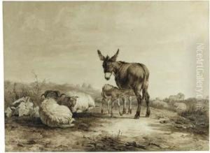 A Donkey With A Foal And Sheep Resting In A Hilly Landscape by Simon Van Den Berg