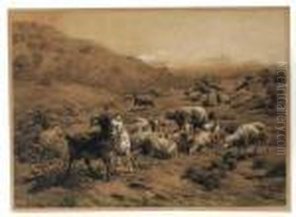 A Shepherdess With Cattle In A Hilly Landscape - view 1