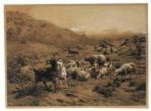 A Shepherdess With Cattle In A Hilly Landscape by Simon Van Den Berg