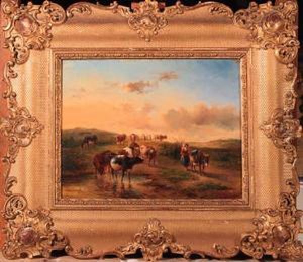 A Wooded Summer Landscape With A Herdess And Cattle - view 1