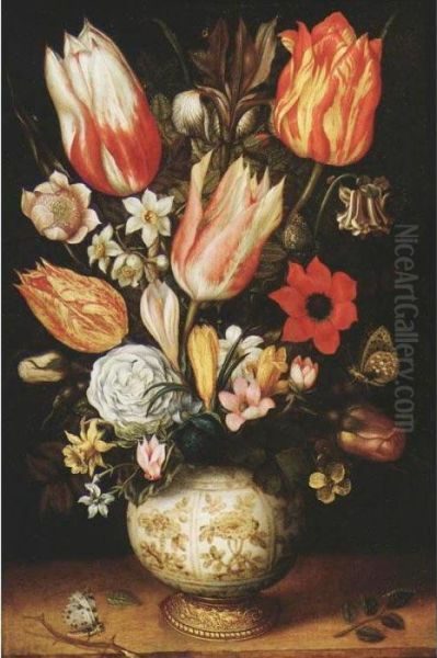 Tulips, Roses, Narcissi, 
Daffodils, Crocuses, An Iris, A Poppy And Other Flowers In A 
Gilt-mounted Porcelain Vase On A Ledge, With A Queen Of Spain 
Fritillary, A White Ermine And A Magpie Butterfly - view 1