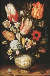 Tulips, Roses, Narcissi,
Daffodils, Crocuses, An Iris, A Poppy And Other Flowers In A
Gilt-mounted Porcelain Vase On A Ledge, With A Queen Of Spain
Fritillary, A White Ermine And A Magpie Butterfly by Christoffel van den Berghe