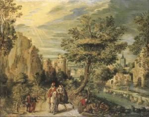 A Rocky River Landscape With Horsemen And Other Figures On A Path by Christoffel van den Berghe