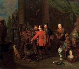 An Artist's Studio With An Elegant Man Inspecting A Painting