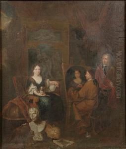 An Artist In His Studio With An Elegant Lady Sitting For Her Portrait by Balthazar Van Den Bossche