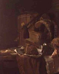 A vanitas with a skull plumed helmet bullae and musical instrument