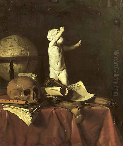A 'vanitas' with a sculpture of a putto, a globe, a skull, a bone, an hourglass, a flute and books on a draped table - view 1