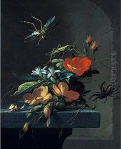 Still Life Of Austrian Briars Arranged Upon A Stone Plinth, With Stag Beetles