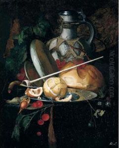 A Still Life Of A Peeled Lemon 
And Orange On A Pewter Plate, Cherries, Nuts, A Pipe, A Jug, Bread And 
Other Objects Resting On A Ledge by Carl Wilhelm de Hamilton