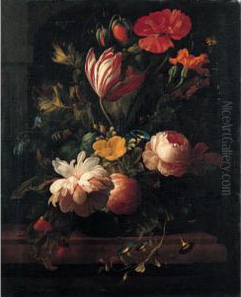A Still Life Of Roses, Irises,
Narcissi, Poppies And Various Other Flowers In A Vase On A Stone Ledge - view 1