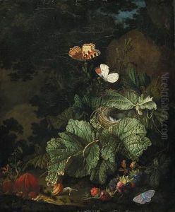 A Forest Floor Still Life With A
 Bird's Nest, Toadstools, Snails,blackberries, Tortoiseshell, Aurora, 
And Common Bluebutterflies