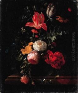 Pink And Red Roses, Parrot 
Tulips, Camellias, Marigolds And Otherflowers In A Vase On A Ledge