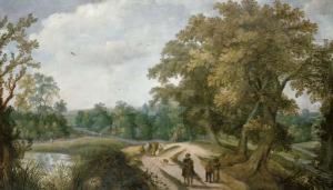 Peasants And Travelers On A Path, A Village Beyond by Willem Van Den Bundel