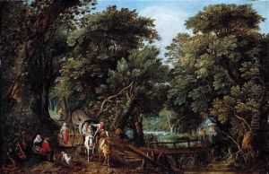 Forest Landscape With Travellers In A Coach And Washerwomen