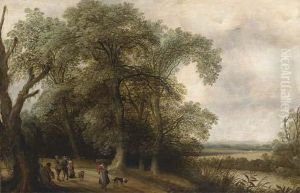 A Wooded River Landscape With Figures On A Track by Willem Van Den Bundel