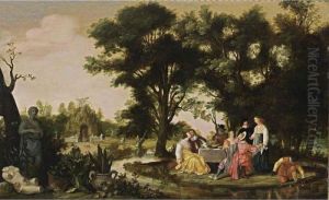 An Elegant Company Eating And Drinking In A Park Landscape by Willem Van Den Bundel