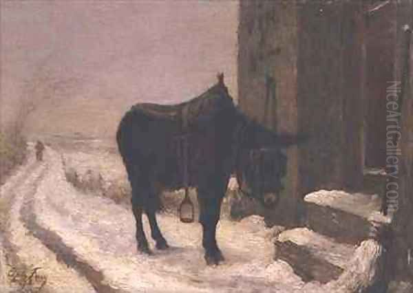 Donkey in the snow by Charles Edouard Frere