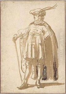 Standing Man, Wearing A Cloak And A Feather In His Cap, And Holding A Stick. by Gerbrand Van Den Eeckhout