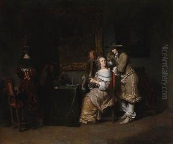 Elegant Company Playing Cards In
An Interior, With A Half-draped Painting Of Venus And Cupid And A
Portrait Of A Lady On The Wall - view 1