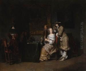 Elegant Company Playing Cards In
 An Interior, With A Half-draped Painting Of Venus And Cupid And A 
Portrait Of A Lady On The Wall by Gerbrand Van Den Eeckhout