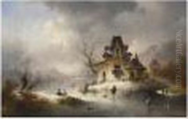 A Winterlandscape With Skaters On A Frozen Waterway - view 1