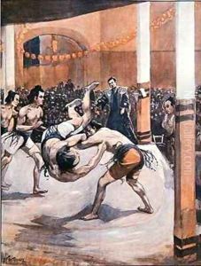 Traditional Japanese Wrestling Sumo wrestlers displaying their art at the Japanese Exhibition in London by Joseph Finnemore