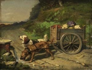 Two Dogs In Front Of A Vegetable Cart by Charles van den Eycken