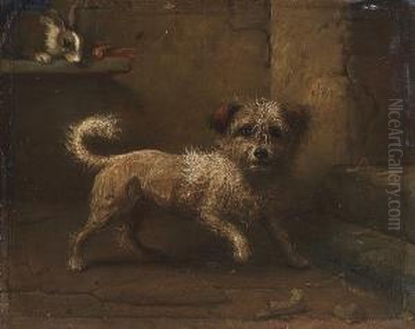 Interior With Terrier And Rabbit; Portrait Of A Dog On A Red Cushion - view 1
