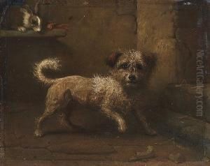 Interior With Terrier And Rabbit; Portrait Of A Dog On A Red Cushion by Felix Van Den Eycken