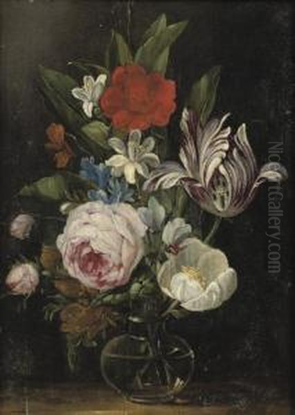 Roses, A Tulip And Other Flowers In A Glass Vase - view 1