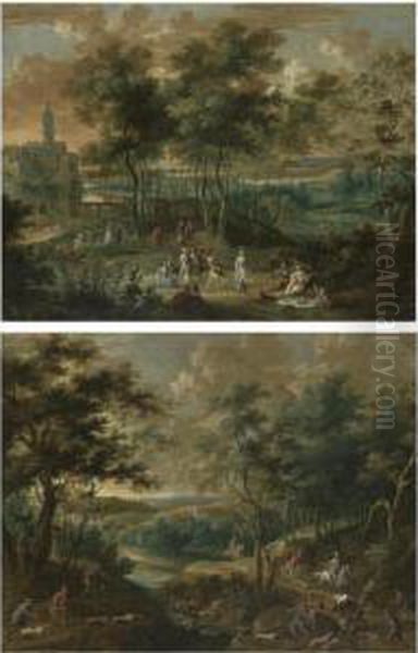 Elegant Figures Picnicking And 
Making Music In A Park Landscape, A Castle Beyond; A Wooded River 
Landscape With A Hunting Party, A Hound Attacking A Bull - view 1