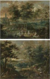 Elegant Figures Picnicking And
Making Music In A Park Landscape, A Castle Beyond; A Wooded River
Landscape With A Hunting Party, A Hound Attacking A Bull by Jasper van der Lanen