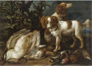 Still Life With Two Spaniels Together With Various Game And Songbirds by Jasper van der Lanen