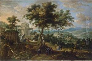 A Panoramic Classical Landscape 
With Elegant Figures Strolling And Resting Near A Palace, A View Of A 
River Beyond