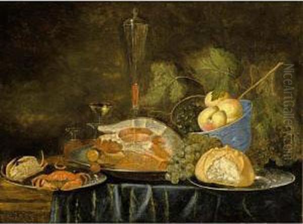 A Still Life With A Ham, A Bun, 
Crabs On Pewter Plates, Peaches In A Blue And White Bowl And Wine 
Glasses Together With Grapes, All On A Draped Table - view 1