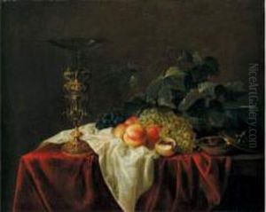 Nature Morte Aux Raisins Et Peches, Coupe De Verre Montee Sur Piece D'orfevrerie
